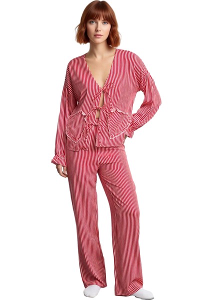 Kadin Kirmizi Cizgili Viskon Dokuma Pijama Takımı Fonksiyonel Dayanıklı Kaliteli Konforlu Şık fırsatları
