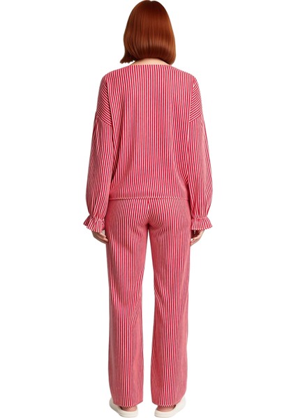 Kadin Kirmizi Cizgili Viskon Dokuma Pijama Takımı Fonksiyonel Dayanıklı Kaliteli Konforlu Şık indirimleri