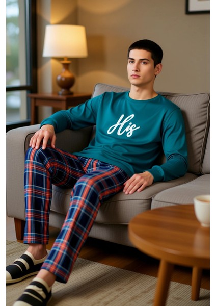 Erkek Antrasit Bisiklet Yaka Ekose Desenli Pijama Takımı Fonksiyonel Dayanıklı Kaliteli Şık
