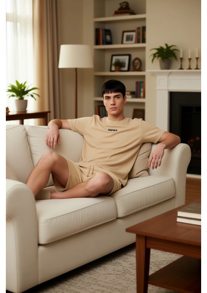 Erkek Pamuklu Lounge Takımı Bisiklet Yaka Kısa Kollu Slogan Baskılı Fonksiyonel Dayanıklı Şık fırsatları