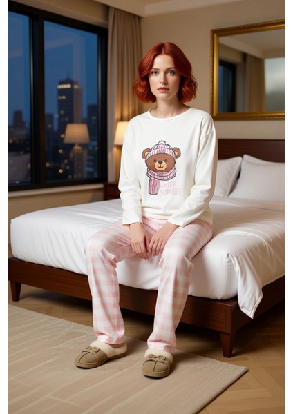 Kadın Ayıcıklı Baskılı Ekose Pijama Takımı Fonksiyonel Dayanıklı Kaliteli Konforlu Estetik modelleri