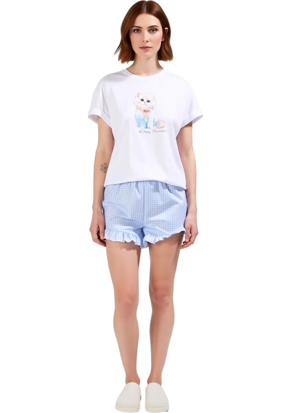 Kadın Pötikare Şortlu Kedi Baskılı Pijama Takımı Fonksiyonel Dayanıklı Kaliteli Konforlu Şık fiyatları