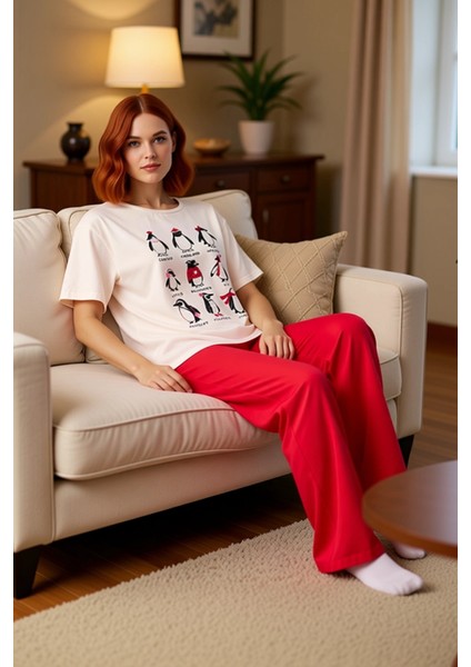 Kadın Penguen Baskılı Bisiklet Yaka Kısa Kollu Pijama Takımı Fonksiyonel Dayanıklı Estetik