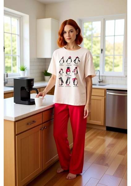 Kadın Penguen Baskılı Bisiklet Yaka Kısa Kollu Pijama Takımı Fonksiyonel Dayanıklı Estetik fiyatları