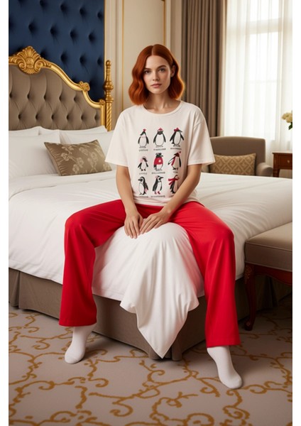 Kadın Penguen Baskılı Bisiklet Yaka Kısa Kollu Pijama Takımı Fonksiyonel Dayanıklı Estetik modelleri