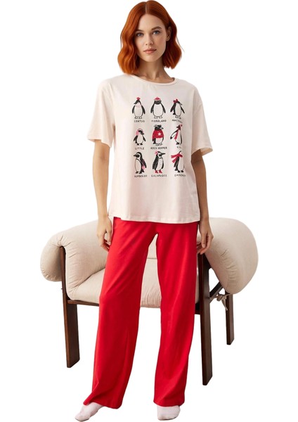 Kadın Penguen Baskılı Bisiklet Yaka Kısa Kollu Pijama Takımı Fonksiyonel Dayanıklı Estetik fırsatları