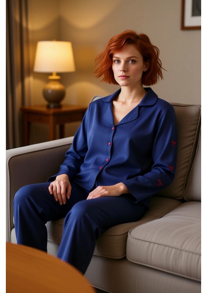 Kadın Kurdele Nakışlı Gömlek Pantolon Pijama Takımı Fonksiyonel Dayanıklı Kaliteli Estetik