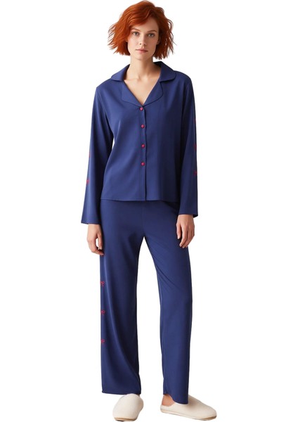 Kadın Kurdele Nakışlı Gömlek Pantolon Pijama Takımı Fonksiyonel Dayanıklı Kaliteli Estetik fırsatları
