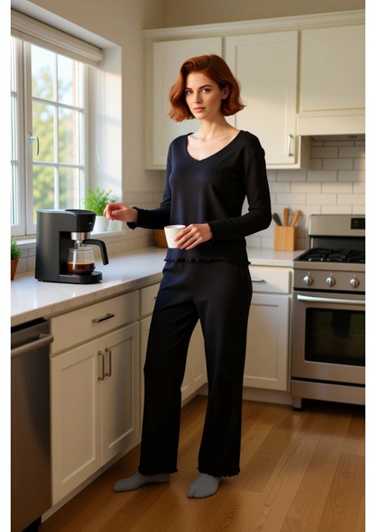 Kadın V Yaka Fitilli Örme Pijama Takımı Fonksiyonel Dayanıklı Kaliteli Konforlu Estetik Şık fiyatları