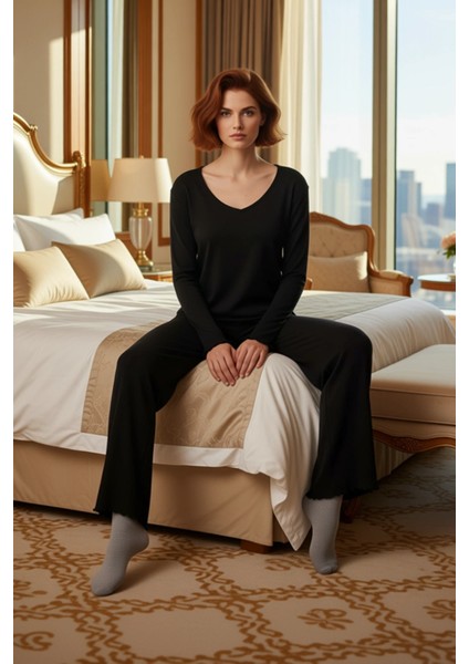 Kadın V Yaka Fitilli Örme Pijama Takımı Fonksiyonel Dayanıklı Kaliteli Konforlu Estetik Şık modelleri