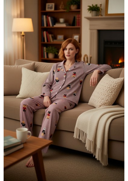 Kadın Ayıcık Desenli Gömlek Yaka Pijama Takımı Fonksiyonel Dayanıklı Kaliteli Konforlu Şık