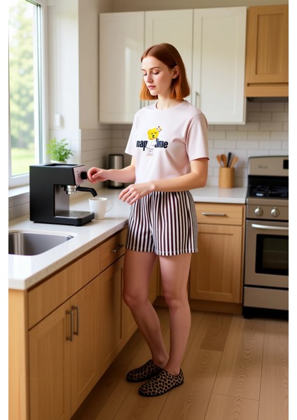 Kadın Ayıcık Baskılı Bisiklet Yaka Pamuklu Pijama Takımı Fonksiyonel Dayanıklı Kaliteli Şık fiyatları