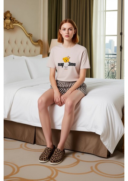 Kadın Ayıcık Baskılı Bisiklet Yaka Pamuklu Pijama Takımı Fonksiyonel Dayanıklı Kaliteli Şık modelleri