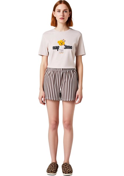 Kadın Ayıcık Baskılı Bisiklet Yaka Pamuklu Pijama Takımı Fonksiyonel Dayanıklı Kaliteli Şık fırsatları