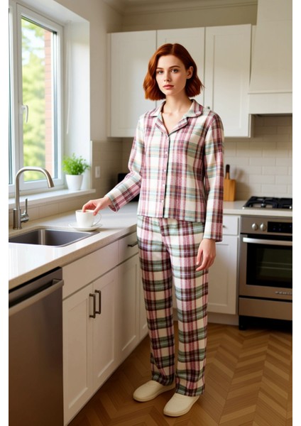 Kadın Çok Renkli Kareli Flanel Pijama Takımı Gömlek Yaka Fonksiyonel Dayanıklı Kaliteli Şık