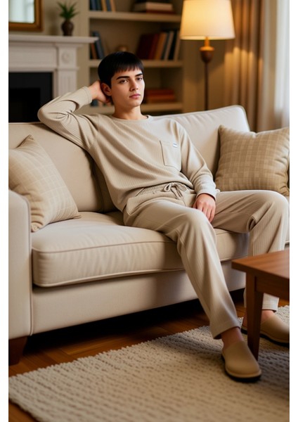 Erkek Doku Detaylı Bisiklet Yaka Sweatshirt ve Boru Paça Pantolon Takımı Fonksiyonel Rahat