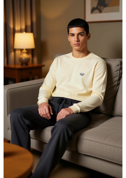 Hayvan Nakışlı Bisiklet Yaka Uzun Kollu Pijama Takımı Kadın Fonksiyonel Dayanıklı Kaliteli