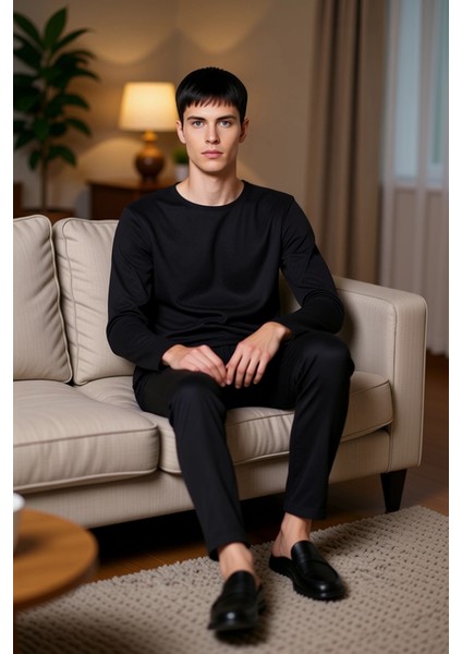 Erkek Waffle Dokulu Pijama Takımı Bisiklet Yaka Uzun Kollu Regular Fit Fonksiyonel Estetik