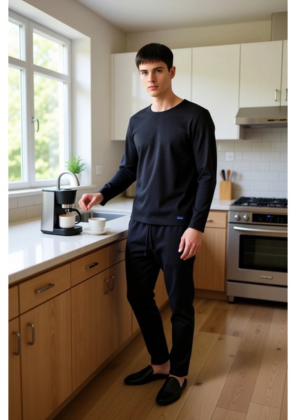 Erkek Waffle Dokulu Pijama Takımı Bisiklet Yaka Uzun Kollu Regular Fit Fonksiyonel Estetik fiyatları