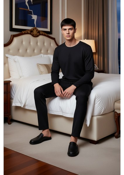 Erkek Waffle Dokulu Pijama Takımı Bisiklet Yaka Uzun Kollu Regular Fit Fonksiyonel Estetik modelleri