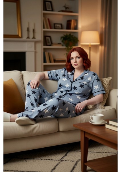 Kadin Yıldız Desenli Gömlek Yaka Örme Pijama Takımı Fonksiyonel Dayanıklı Kaliteli Estetik