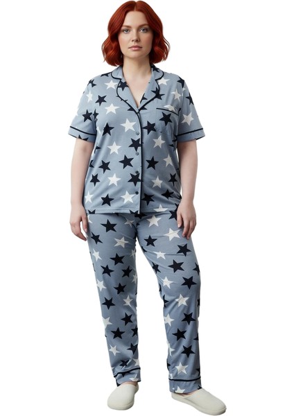Kadin Yıldız Desenli Gömlek Yaka Örme Pijama Takımı Fonksiyonel Dayanıklı Kaliteli Estetik fırsatları
