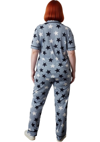 Kadin Yıldız Desenli Gömlek Yaka Örme Pijama Takımı Fonksiyonel Dayanıklı Kaliteli Estetik indirimleri
