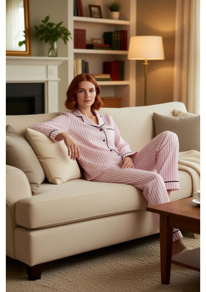 Kadın Çizgili Gömlek Pijama Takımı Fonksiyonel Dayanıklı Kaliteli Konforlu Estetik Premium