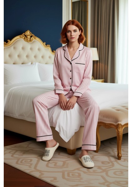 Kadın Çizgili Gömlek Pijama Takımı Fonksiyonel Dayanıklı Kaliteli Konforlu Estetik Premium modelleri