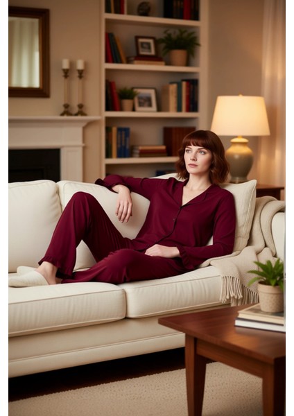 Kadın Gömlek Yaka Volan Detaylı Pijama Takımı Fonksiyonel Dayanıklı Kaliteli Konforlu Spor