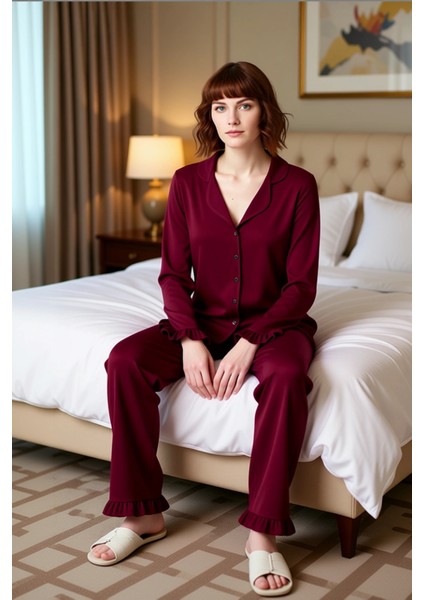 Kadın Gömlek Yaka Volan Detaylı Pijama Takımı Fonksiyonel Dayanıklı Kaliteli Konforlu Spor modelleri