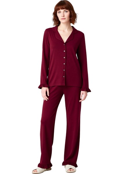 Kadın Gömlek Yaka Volan Detaylı Pijama Takımı Fonksiyonel Dayanıklı Kaliteli Konforlu Spor fırsatları