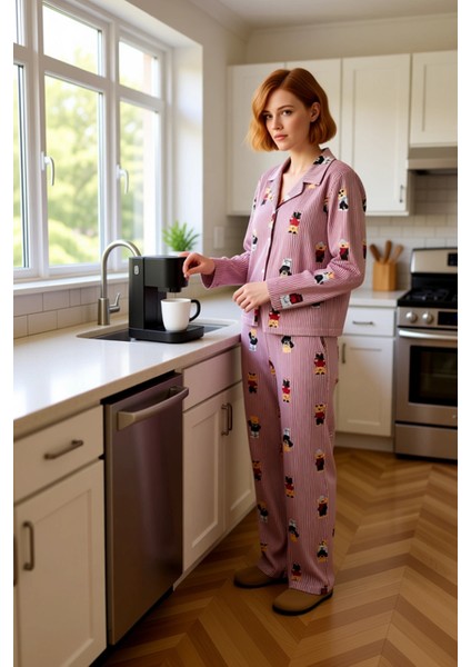 Kadın Ayıcık Desenli Gömlek Yaka Pijama Takımı Fonksiyonel Dayanıklı Kaliteli Konforlu Şık fiyatları