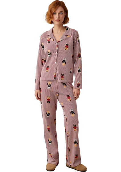 Kadın Ayıcık Desenli Gömlek Yaka Pijama Takımı Fonksiyonel Dayanıklı Kaliteli Konforlu Şık fırsatları