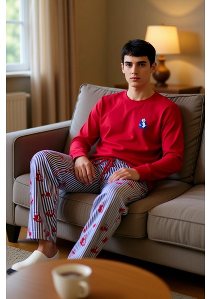 Erkek Kirmizi Hayvan Figurlu Bisiklet Yaka Pijama Takımı Fonksiyonel Dayanıklı Kaliteli Şık