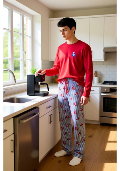 Erkek Kirmizi Hayvan Figurlu Bisiklet Yaka Pijama Takımı Fonksiyonel Dayanıklı Kaliteli Şık fiyatları