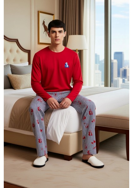 Erkek Kirmizi Hayvan Figurlu Bisiklet Yaka Pijama Takımı Fonksiyonel Dayanıklı Kaliteli Şık modelleri