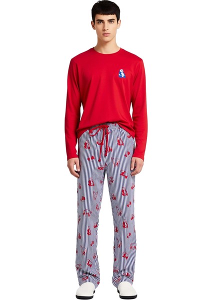 Erkek Kirmizi Hayvan Figurlu Bisiklet Yaka Pijama Takımı Fonksiyonel Dayanıklı Kaliteli Şık fırsatları