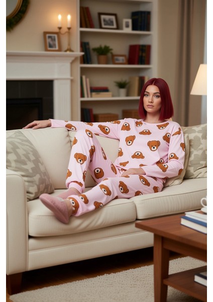 Kadın Ayıcıklı Pijama Takımı Uzun Kollu Bisiklet Yaka Fonksiyonel Dayanıklı Kaliteli Rahat