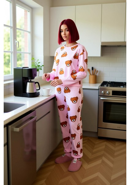 Kadın Ayıcıklı Pijama Takımı Uzun Kollu Bisiklet Yaka Fonksiyonel Dayanıklı Kaliteli Rahat fiyatları