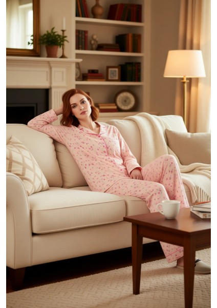 Kadın Çiçekli Gömlek Yaka Uzun Kollu Pijama Takımı Fonksiyonel Dayanıklı Kaliteli Konforlu