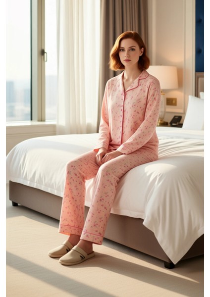 Kadın Çiçekli Gömlek Yaka Uzun Kollu Pijama Takımı Fonksiyonel Dayanıklı Kaliteli Konforlu modelleri