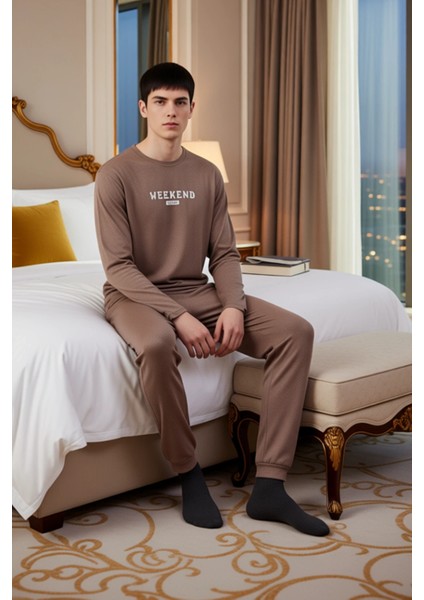 Erkek Bisiklet Yaka Uzun Kollu Baskılı Pijama Takımı Fonksiyonel Dayanıklı Kaliteli Modern