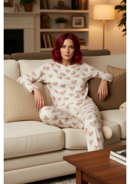 Kadın Kalpli Bisiklet Yaka Uzun Kollu Pijama Takımı Fonksiyonel Dayanıklı Kaliteli Estetik