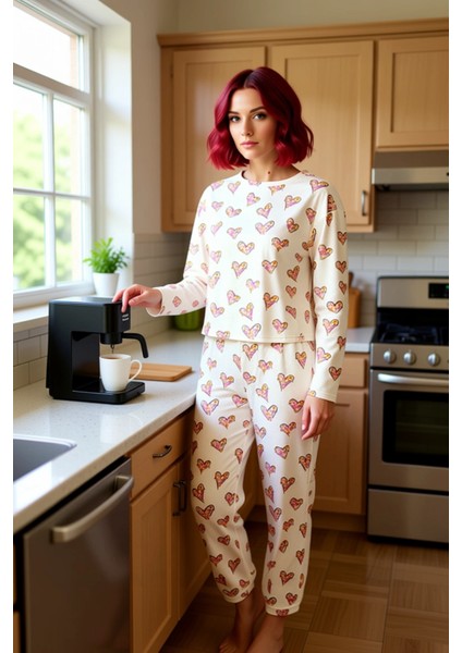 Kadın Kalpli Bisiklet Yaka Uzun Kollu Pijama Takımı Fonksiyonel Dayanıklı Kaliteli Estetik fiyatları