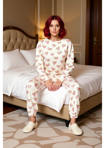 Kadın Kalpli Bisiklet Yaka Uzun Kollu Pijama Takımı Fonksiyonel Dayanıklı Kaliteli Estetik modelleri