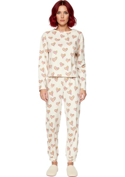 Kadın Kalpli Bisiklet Yaka Uzun Kollu Pijama Takımı Fonksiyonel Dayanıklı Kaliteli Estetik fırsatları