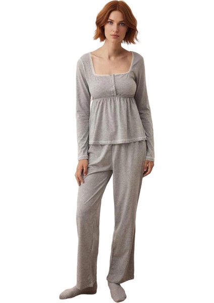 Kadın Melanj Kare Yaka Dantel Detaylı Pijama Takımı Fonksiyonel Dayanıklı Kaliteli Estetik fırsatları