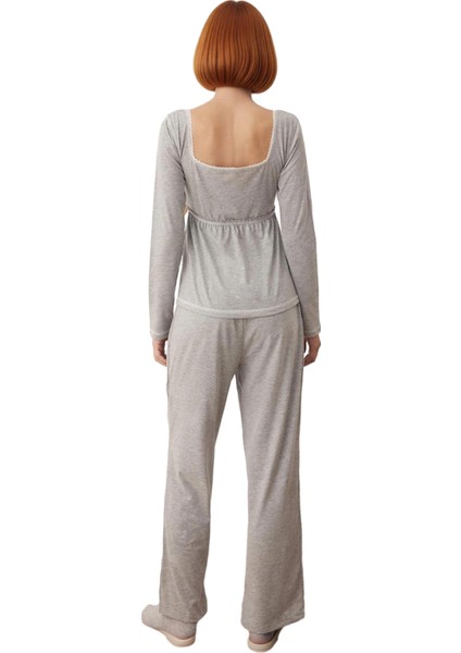 Kadın Melanj Kare Yaka Dantel Detaylı Pijama Takımı Fonksiyonel Dayanıklı Kaliteli Estetik indirimleri