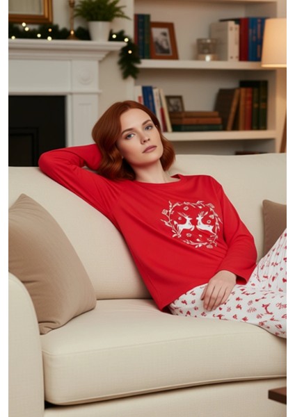 Kadin Kirmizi Yılbaşı Temali Uzun Kollu Pijama Takımı Fonksiyonel Dayanıklı Kaliteli Rahat